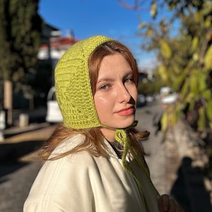 Hand-knitted Adult Bow Tie Bonnet, Handmade Green Bonnet, Unisex Bonnet, Winter Bonnet, Handmade Winter Warm Hat, Handmade Balaclava