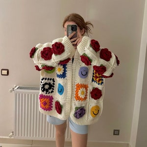 Crochet Granny Square Cardigan,Granny Square Oversized Cardigan, Crochet Rose Chunky Cardigan, Afghan Crochet Cardigan,  Winter Cardigan