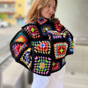 Crochet Turtleneck Sweater, Granny Square Sweater, Handmade Patchwork Sweater, Crochet Winter Sweater for Women, Oversize Sweater image 1