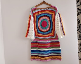 Crochet Dress, Granny Square Dress, Long Sleeve Dress for Women, Colorful Dress, Summer Dress, Afghan Crochet Dress