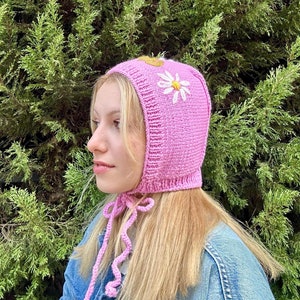 Handknitted Bonnet, 7 Different Colors Bonnet, Bohemian Floral Bonnet Hat, Handmade Winter Warm Hat, Hand Knit Tie Bonnet