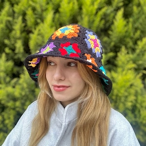 Crochet Granny Square Hat, Colorful Bucket Hat, Unisex Colorful Hat, Handmade Festival Hat, Summer Bucket Hat, Vintage Style Bucket Hat