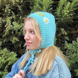Handknitted Bonnet, 7 Different Colors Bonnet, Bohemian Floral Bonnet Hat, Handmade Winter Warm Hat, Hand Knit Tie Bonnet