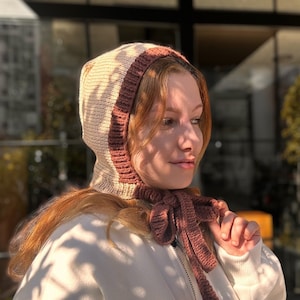 Hand-knitted Adult Bow Tie Bonnet, Handmade Beige Bonnet, Unisex Bonnet, Winter Bonnet, Handmade Winter Warm Hat, Handmade Balaclava