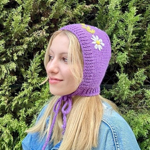 Handknitted Bonnet, 7 Different Colors Bonnet, Bohemian Floral Bonnet Hat, Handmade Winter Warm Hat, Hand Knit Tie Bonnet