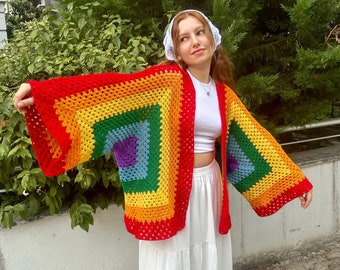 Crochet Rainbow Cardigan, Oversized Colorful Cardigan, Handmade Cardigan, Unisex Cardigan, Pride Crochet Cardigan, Colorful Cardigan