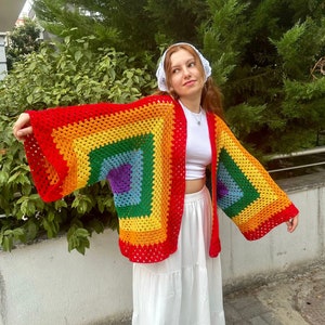 Crochet Rainbow Cardigan, Oversized Colorful Cardigan, Handmade Cardigan, Unisex Cardigan, Pride Crochet Cardigan, Colorful Cardigan