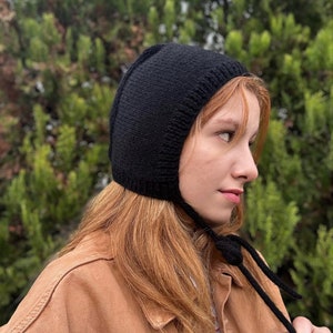 Hand-knitted Adult Bow Tie Bonnet, Handmade Black Bonnet, Unisex Bonnet, Winter Bonnet, Handmade Winter Warm Hat, Handmade Balaclava