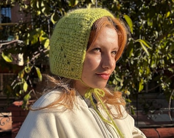 Hand-knitted Adult Bow Tie Bonnet, Handmade Green Bonnet, Unisex Bonnet, Winter Bonnet, Handmade Winter Warm Hat, Handmade Balaclava