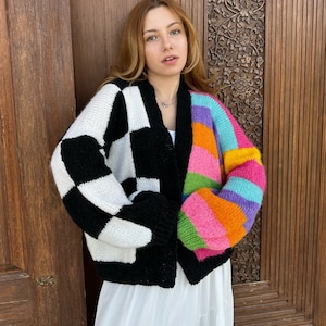 Handknitted Cardigan, Colorful Cardigan, Winter Warm Cardigan, Oversized Cardigan, Crochet Colorful Cardigan, Patchwork Cardigan