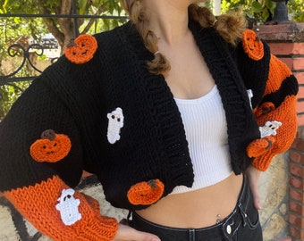 Pumpkin Halloween Knit Cardigan,Handmade Ghost Cardigan, Handknitted Halloween Sweater, Gift Ideas for Halloween, Halloween Chunky Cardigan
