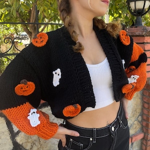 Pumpkin Halloween Knit Cardigan,Handmade Ghost Cardigan, Handknitted Halloween Sweater, Gift Ideas for Halloween, Halloween Chunky Cardigan