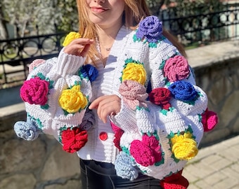 Crochet Jumbo Rose Cardigan, Granny Square Cardigan, Crochet Rose Chunky Cardigan, Pink Rose Cardigan, Winter Cardigan, Oversized Cardigan