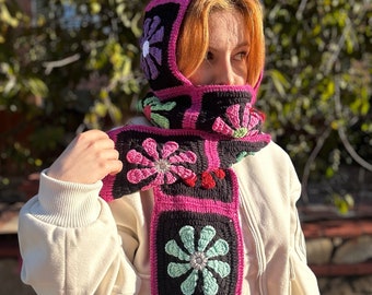 Crochet Balaclava Scarf, Alisdaknit Style Balaclava Scarf, Floral Balaclava, Handmade Floral Scarf, Winter Balaclava, Daisy Balaclava Scarf