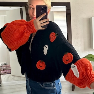 Pumpkin Halloween Knit Cardigan,Handmade Ghost Cardigan, Handknitted Halloween Sweater, Gift Ideas for Halloween, Halloween Chunky Cardigan