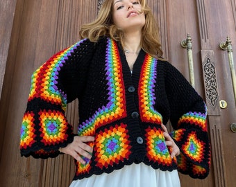 Black Granny Square Colorful Crocheted Cardigan, Crochet Granny Square Cardigan for Women, Cotton Knit Coat,  Crochet Afghan Coat