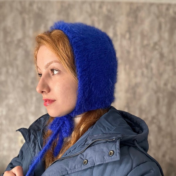 Hand-knitted Adult Bow Tie Bonnet, Handmade Blue Bonnet, Unisex Bonnet, Winter Bonnet, Handmade Winter Warm Hat, Handmade Balaclava