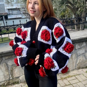 Crochet Jumbo Rose Cardigan, Black Granny Square Cardigan, Crochet Rose Chunky Cardigan, Red Rose Cardigan, Winter Cardigan