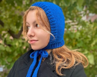 Hand-knitted Adult Bow Tie Bonnet, Handmade Blue Bonnet, Unisex Bonnet, Winter Bonnet, Handmade Winter Warm Hat, Handmade Balaclava