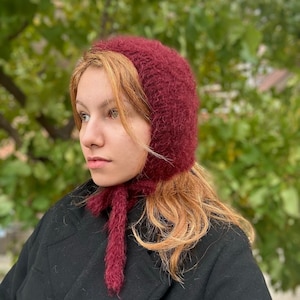 Hand-knitted Adult Bow Tie Bonnet, Handmade Red Bonnet, Unisex Bonnet, Winter Bonnet, Handmade Winter Warm Hat, Handmade Balaclava