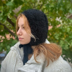 Hand-knitted Adult Bow Tie Bonnet, Handmade Black Bonnet, Unisex Bonnet, Winter Bonnet, Handmade Winter Warm Hat, Handmade Balaclava
