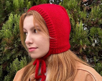 Hand-knitted Adult Bow Tie Bonnet, Handmade Red Bonnet, Unisex Bonnet, Winter Bonnet, Handmade Winter Warm Hat, Handmade Balaclava