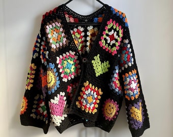 Black Granny Square Cardigan, Handmade Patchwork Cardigan, Crochet Mini Cardigan for Women, Granny Square Jacket, Patchwork Pullover