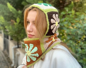 Crochet Floral Balaclava, Handmade Colorful Daisy Balaclava, Alisdaknit Style Balaclava, Crochet Floral Winter Hat, Handmade Daisy Hat