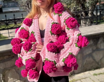 Crochet Jumbo Rose Cardigan, Granny Square Cardigan, Crochet Rose Chunky Cardigan, Pink Rose Cardigan, Winter Cardigan, Oversized Cardigan