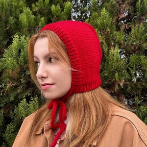 Hand-knitted Adult Bow Tie Bonnet, Handmade Red Bonnet, Unisex Bonnet, Winter Bonnet, Handmade Winter Warm Hat, Handmade Balaclava
