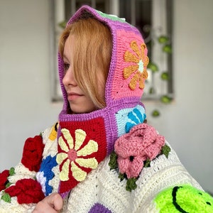 Crochet Floral Balaclava, Handmade Colorful Daisy Balaclava, Alisdaknit Style Balaclava, Crochet Floral Winter Hat, Handmade Daisy Hat