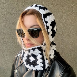 Crochet Balaclava, Granny Square Balaclava,Handmade Black And White Balaclava, Granny Square Hat, Crochet Winter Hat, Unisex Balaclava
