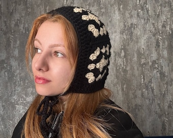 Hand-knitted Adult Bow Tie Bonnet, Handmade Black and White  Bonnet, Unisex Bonnet, Winter Bonnet, Handmade Winter Hat, Granny Square Bonnet