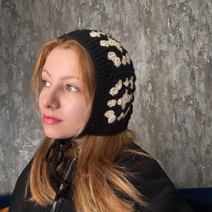 Hand-knitted Adult Bow Tie Bonnet, Handmade Black and White  Bonnet, Unisex Bonnet, Winter Bonnet, Handmade Winter Hat, Granny Square Bonnet