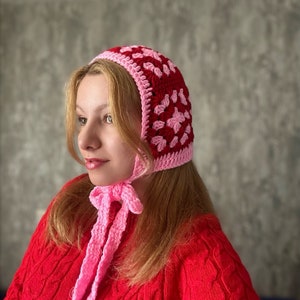 Hand-knitted Adult Bow Tie Bonnet, Handmade Red Bonnet, Unisex Bonnet, Winter Bonnet, Handmade Winter Hat, Granny Square Bonnet