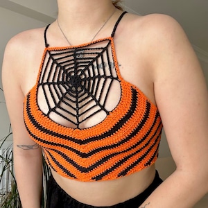 Halloween Spiderweb Crop Top, Crochet Spider Corset, Spider Web Knitted Crop Top, Grunge Fairycore Goth Top, Spider Web  Crochet Bralette