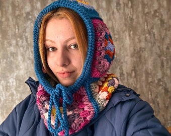 Cagoule au crochet, cagoule carrée de grand-mère, cagoule colorée faite main, chapeau carré de grand-mère, chapeau d'hiver, cadeau de Noël, cagoule de Noël