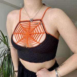 Halloween Spiderweb Crop Top, Crochet Spider Corset, Spider Web Knitted Crop Top, Grunge Fairycore Goth Top, Spider Web  Crochet Bralette