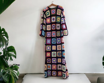 Crochet Dress, Granny Swuare Maxi Dress, Long Sleeve Dress, Black Granny Square Maxi Dress, Handknitted Dress