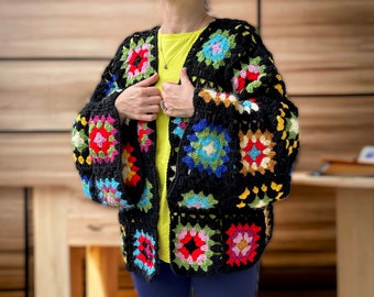 Crochet Granny Square Cardigan, Colorful Oversize Unisex Cardigan, Black Granny Square Women Cardigan, Handknitted Cardigan