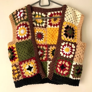 Colete afegão Grandma Square, Colete Grandma Square, Colete de retalhos, Colete colorido para mulheres, Colete Grandma Square, Feminino Retro Grandma Square