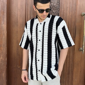 Crochet Black and White Shirt, Handmade Shirt, Unisex Shirt, Crochet Overshirt, Handmade Summer Shirt for Men, Crochet Shirt for Men,