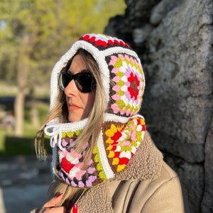 Crochet Balaclava, Alisdaknit Style Granny Square Balaclava,Handmade Colorful Balaclava, Granny Square Hat, Crochet Winter Hat