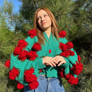 Crochet Jumbo Rose Cardigan, Granny Square Cardigan, Crochet Rose Chunky Cardigan, Red Rose Cardigan, Winter Cardigan, Oversized Cardigan