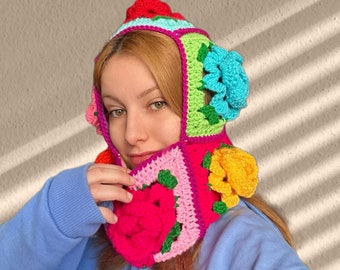 Crochet Jumbo Rose Balaclava, Handmade Colorful Rose Balaclava, Granny Square Balaclava, Crochet Floral Winter Hat, Handmade Rose Balaclava