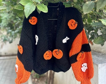 Pumpkin Halloween Knit Cardigan,Handmade Ghost Cardigan, Handknitted Halloween Sweater, Gift Ideas for Halloween, Halloween Chunky Cardigan