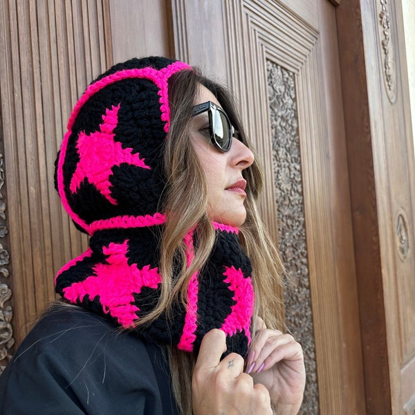 Crochet Balaclava, Granny Square Balaclava,Handmade Colorful Balaclava, Granny Square Hat, Winter Hat, Black Granny Square Balaclava