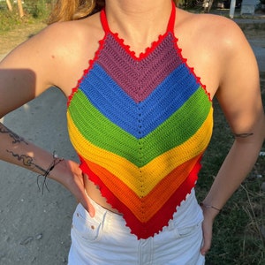 Crochet Pride Rainbow Halter Top, Crochet Pride Top, Handmade Boho Hippie Top, Festival Crop Top, Handmade Rainbow Summer Top, LGBTQ Top