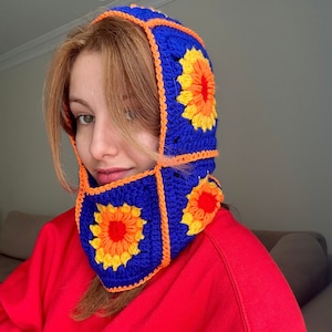 Crochet Balaclava, Granny Square Balaclava,Handmade Colorful Balaclava, Granny Square Hat, Winter Hat, Sunflower Balaclava, Floral Balaclava