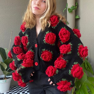 Crochet Jumbo Rose Cardigan, Black Granny Square Cardigan, Crochet Rose Chunky Cardigan, Red Rose Cardigan, Winter Cardigan image 3